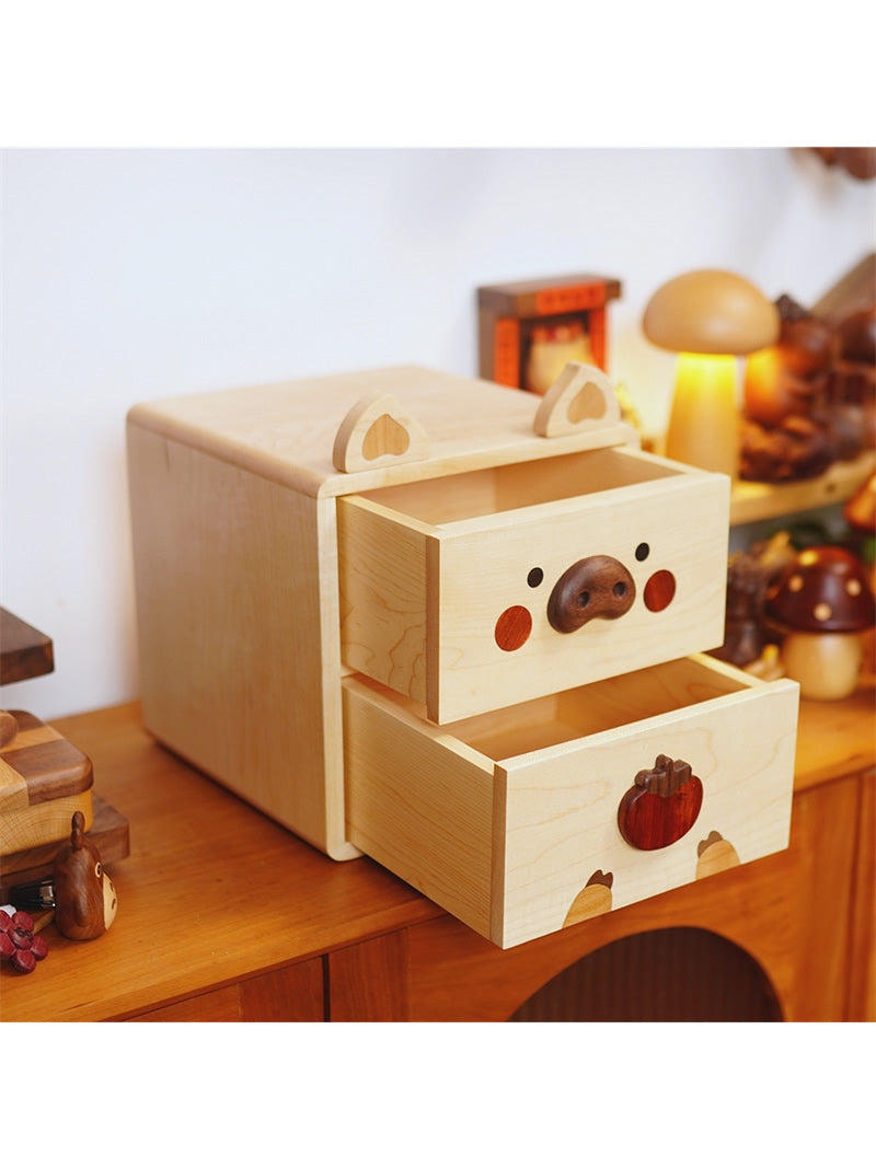 Happy Pig Wooden Desktop Organizer - for Office Supplies, Makeup, Small Items