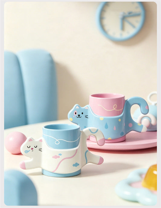 Small Capacity Happy Running Cartoon Cat Coffee Cup,Whimsical Animal Drinkware Tea Cup