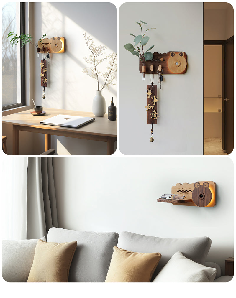Home Decor Wooden Big Eye Frog Wall Sensor Light,with Key Hook