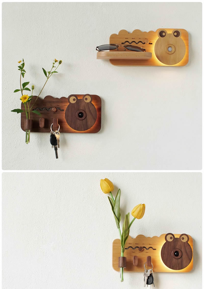 Home Decor Wooden Big Eye Frog Wall Sensor Light,with Key Hook