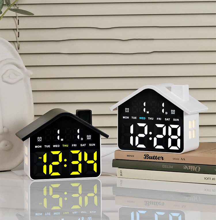 House-Shaped LED Digital Alarm Clock with Night Light, Bedside Clock with Weekday Display & Snooze Function
