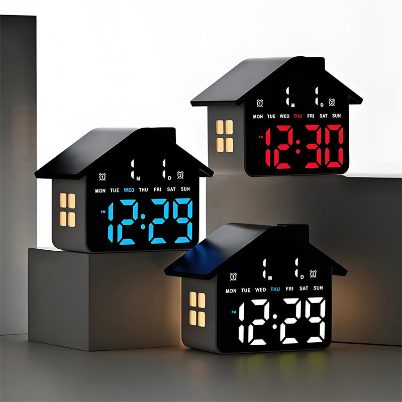 House-Shaped LED Digital Alarm Clock with Night Light, Bedside Clock with Weekday Display & Snooze Function