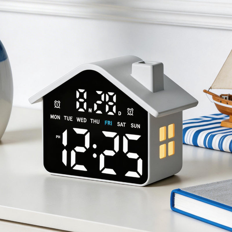 House-Shaped LED Digital Alarm Clock with Night Light, Bedside Clock with Weekday Display & Snooze Function