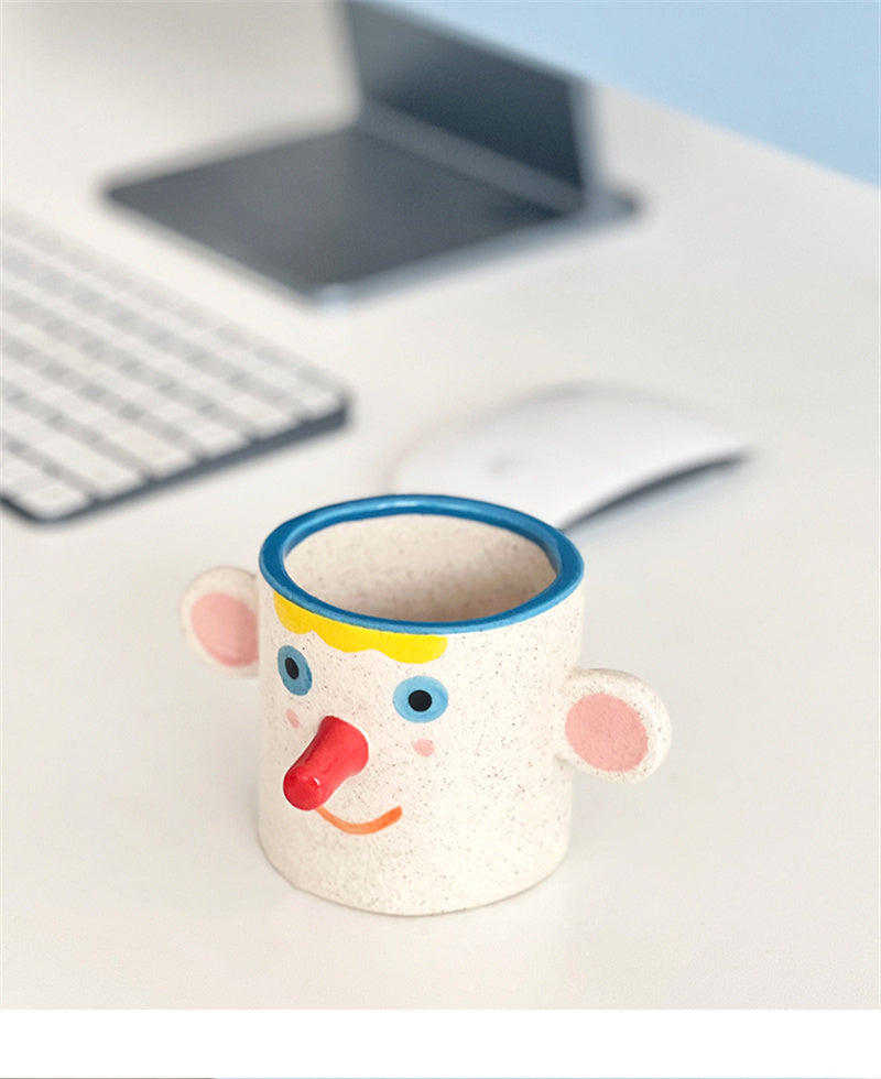 Ice Crack Art Ceramic Cartoon Face Coffee Cup - Playful Pen Holder & Desk Organizer