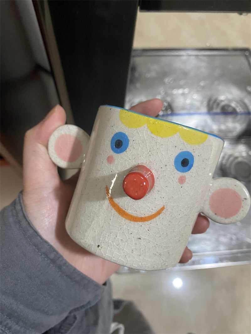 Ice Crack Art Ceramic Cartoon Face Coffee Cup - Playful Pen Holder & Desk Organizer