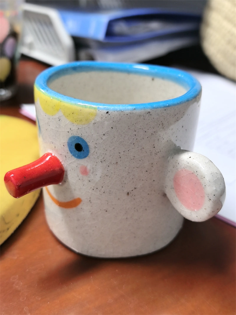 Ice Crack Art Ceramic Cartoon Face Coffee Cup - Playful Pen Holder & Desk Organizer