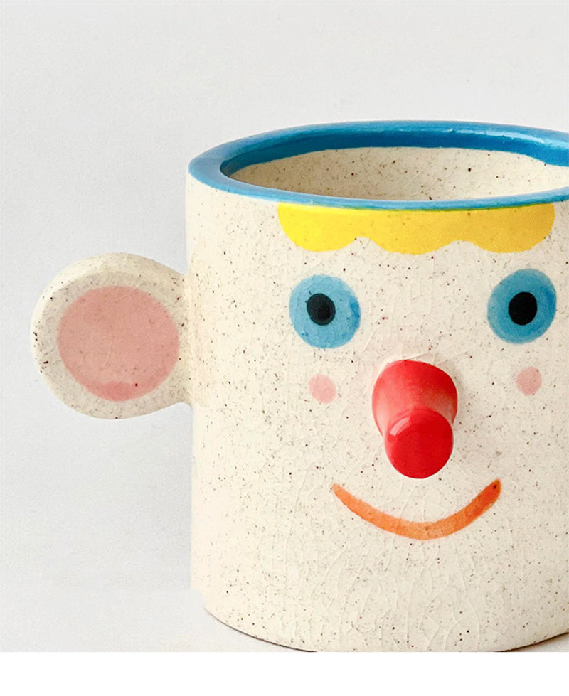Ice Crack Art Ceramic Cartoon Face Coffee Cup - Playful Pen Holder & Desk Organizer