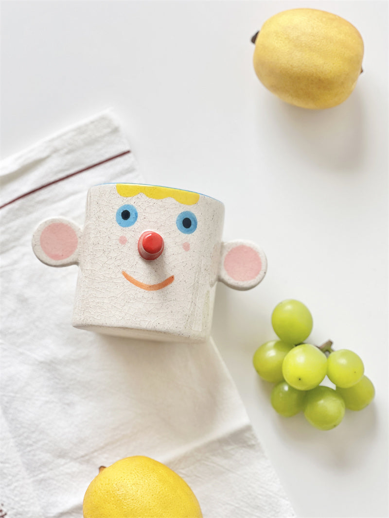 Ice Crack Art Ceramic Cartoon Face Coffee Cup - Playful Pen Holder & Desk Organizer