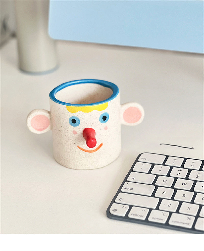 Ice Crack Art Ceramic Cartoon Face Coffee Cup - Playful Pen Holder & Desk Organizer