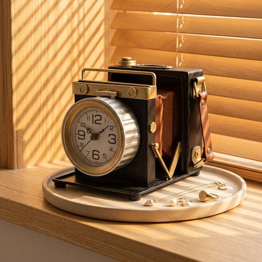 Iron Vintage Camera Shaped Desk Clock, Retro Antique Camera Figurine Silent Non-Ticking Metal Table Clock , Classic Photographer Themed Decor for Bedroom Office Shelf