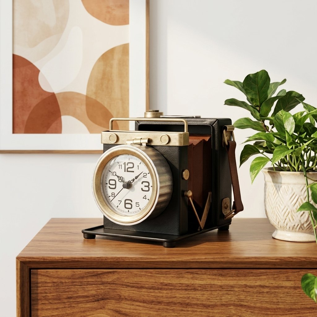 Iron Vintage Camera Shaped Desk Clock, Retro Antique Camera Figurine Silent Non-Ticking Metal Table Clock , Classic Photographer Themed Decor for Bedroom Office Shelf