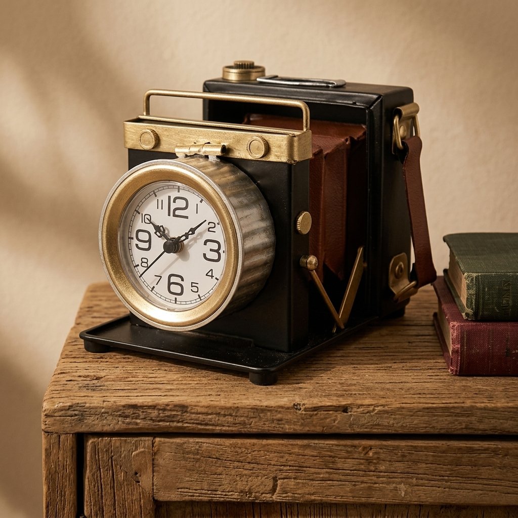 Iron Vintage Camera Shaped Desk Clock, Retro Antique Camera Figurine Silent Non-Ticking Metal Table Clock , Classic Photographer Themed Decor for Bedroom Office Shelf