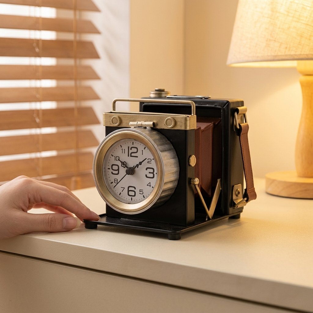 Iron Vintage Camera Shaped Desk Clock, Retro Antique Camera Figurine Silent Non-Ticking Metal Table Clock , Classic Photographer Themed Decor for Bedroom Office Shelf