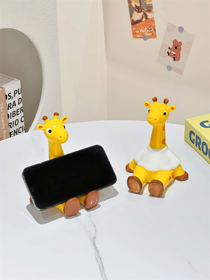 Kawaii Cartoon Glossy Ceramic Giraffe Phone Stand, Funny Animal Desktop Phone Holder