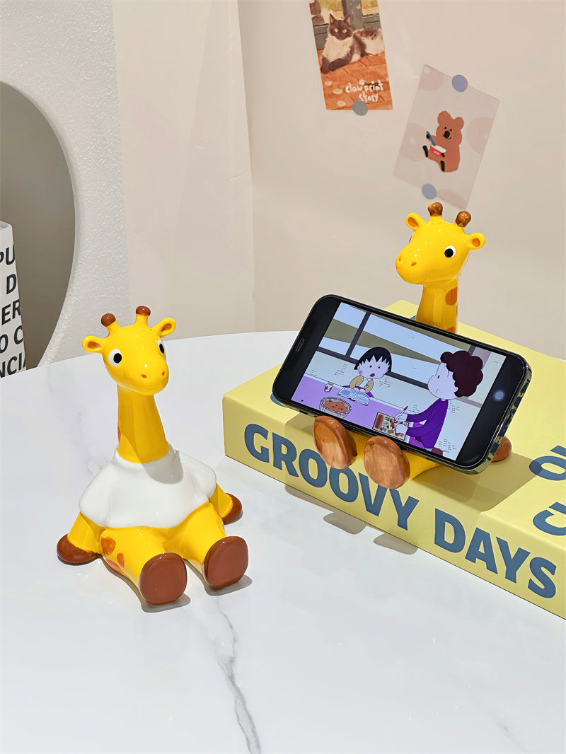 Kawaii Cartoon Glossy Ceramic Giraffe Phone Stand, Funny Animal Desktop Phone Holder