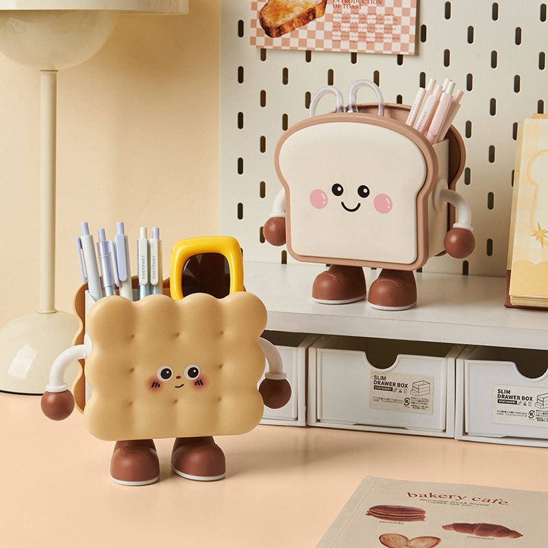 Kawaii "Foodie Friend" Desktop Stationery Organizer - Whimsical Bread, Biscuit & Chocolate Desk Decor for Students & Office