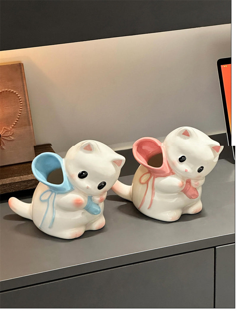 Kawaii Glossy Ceramic Backpack White Cat Mini Flower Vase, Cute Cartoon Chubby Kitten Tabletop Decorative Vase for Dried Flowers Small Floral Arrangements