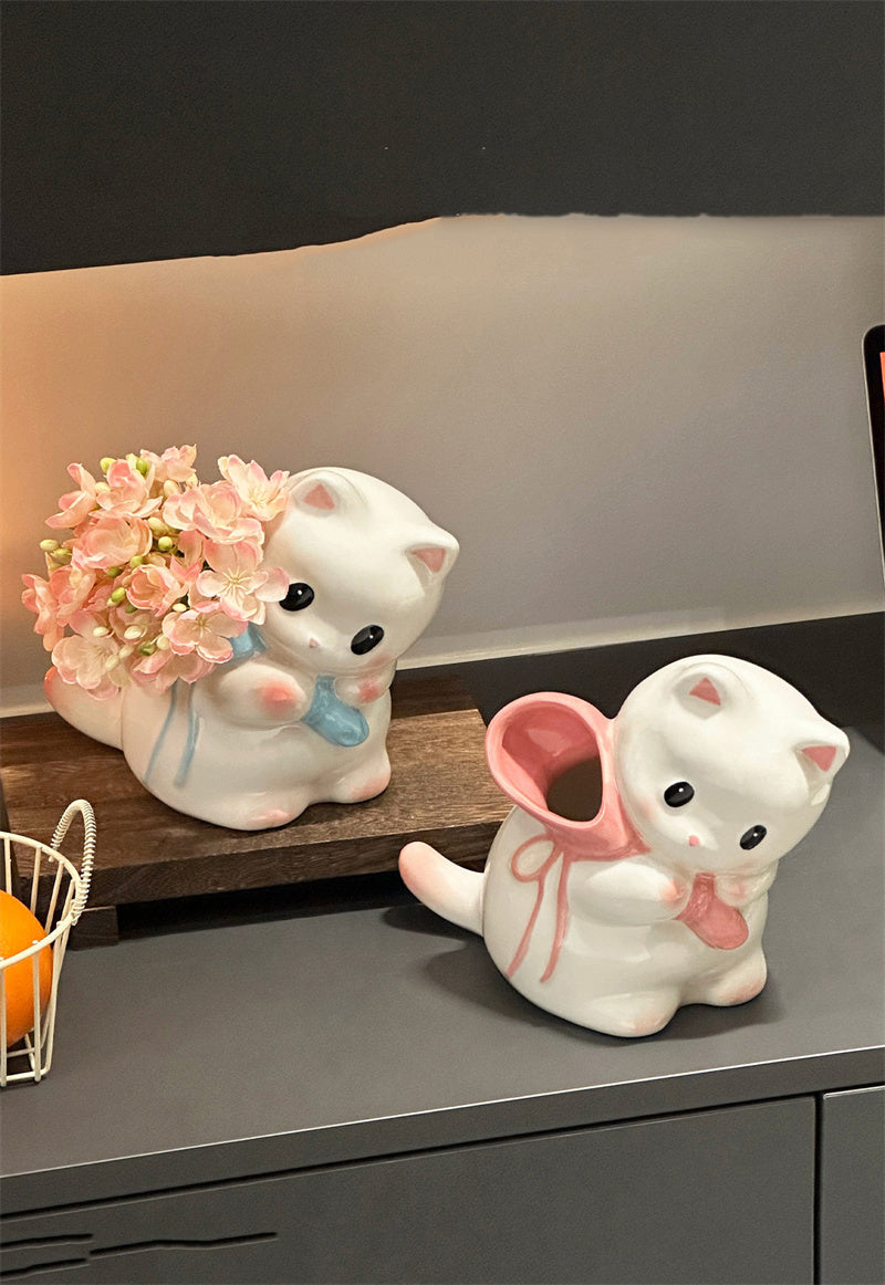 Kawaii Glossy Ceramic Backpack White Cat Mini Flower Vase, Cute Cartoon Chubby Kitten Tabletop Decorative Vase for Dried Flowers Small Floral Arrangements
