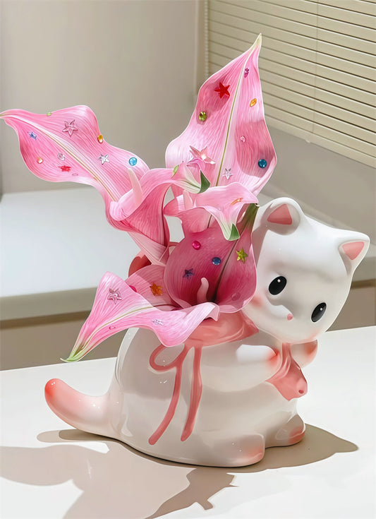 Kawaii Glossy Ceramic Backpack White Cat Mini Flower Vase, Cute Cartoon Chubby Kitten Tabletop Decorative Vase for Dried Flowers Small Floral Arrangements