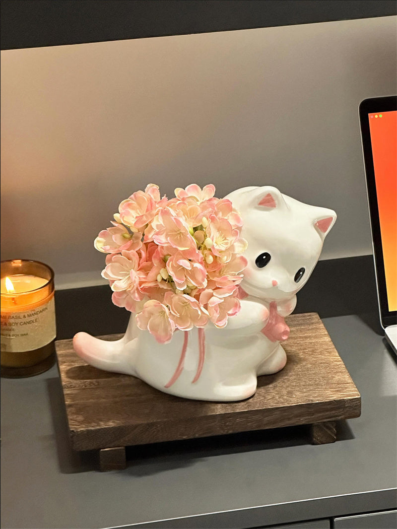 Kawaii Glossy Ceramic Backpack White Cat Mini Flower Vase, Cute Cartoon Chubby Kitten Tabletop Decorative Vase for Dried Flowers Small Floral Arrangements