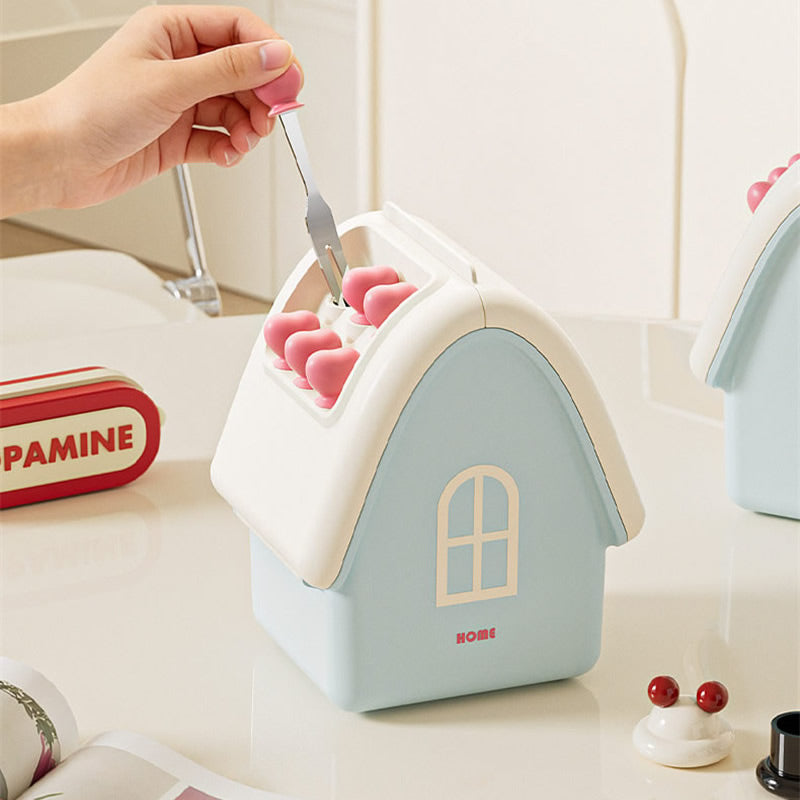 Kawaii Mini Cottage House Storage Box with Fruit Forks, 2-in-1 Flip Lid & Side Drawer Bathroom Organizer,Caddy for Dental Floss Cotton Swabs Snack Dessert Forks, Aesthetic Vanity Table Decor