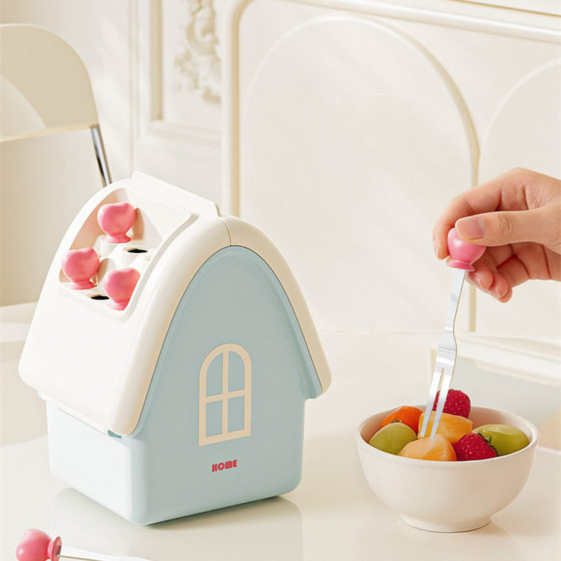 Kawaii Mini Cottage House Storage Box with Fruit Forks, 2-in-1 Flip Lid & Side Drawer Bathroom Organizer,Caddy for Dental Floss Cotton Swabs Snack Dessert Forks, Aesthetic Vanity Table Decor