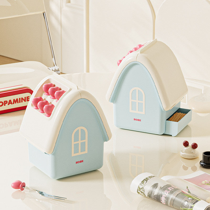 Kawaii Mini Cottage House Storage Box with Fruit Forks, 2-in-1 Flip Lid & Side Drawer Bathroom Organizer,Caddy for Dental Floss Cotton Swabs Snack Dessert Forks, Aesthetic Vanity Table Decor