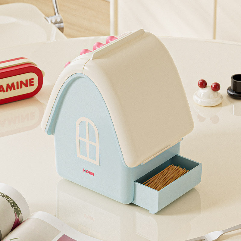 Kawaii Mini Cottage House Storage Box with Fruit Forks, 2-in-1 Flip Lid & Side Drawer Bathroom Organizer,Caddy for Dental Floss Cotton Swabs Snack Dessert Forks, Aesthetic Vanity Table Decor