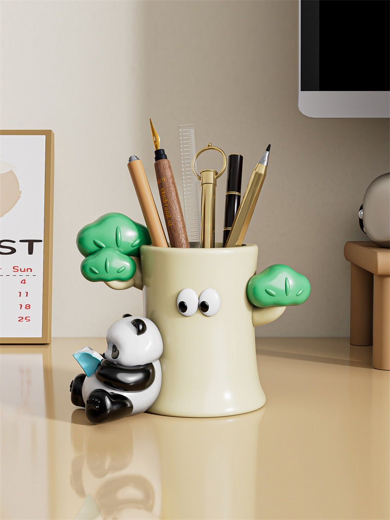 Kawaii Panda and Tree Trunk Pen Holder - Whimsical Desk Organizer Ceramic Pencil Cup - Cute Office Stationery Storage & Makeup Brush Holder Gift