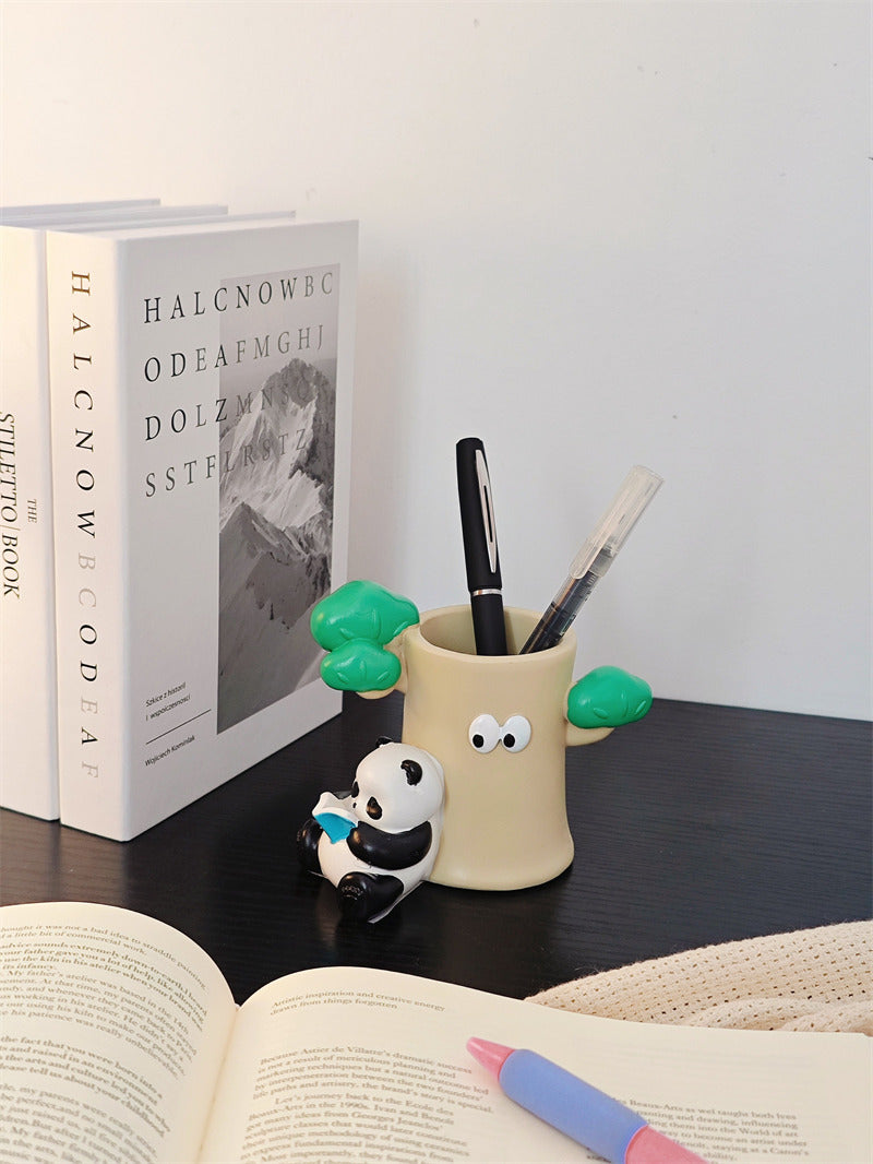 Kawaii Panda and Tree Trunk Pen Holder - Whimsical Desk Organizer Ceramic Pencil Cup - Cute Office Stationery Storage & Makeup Brush Holder Gift