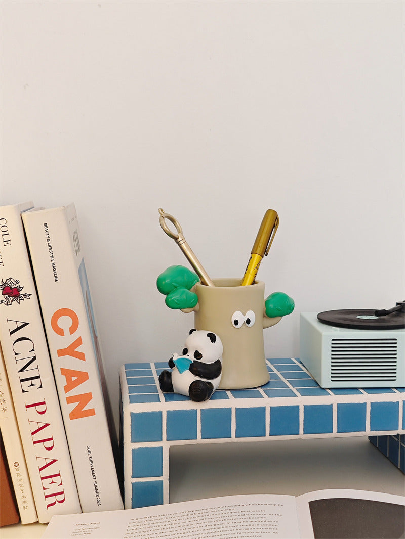 Kawaii Panda and Tree Trunk Pen Holder - Whimsical Desk Organizer Ceramic Pencil Cup - Cute Office Stationery Storage & Makeup Brush Holder Gift