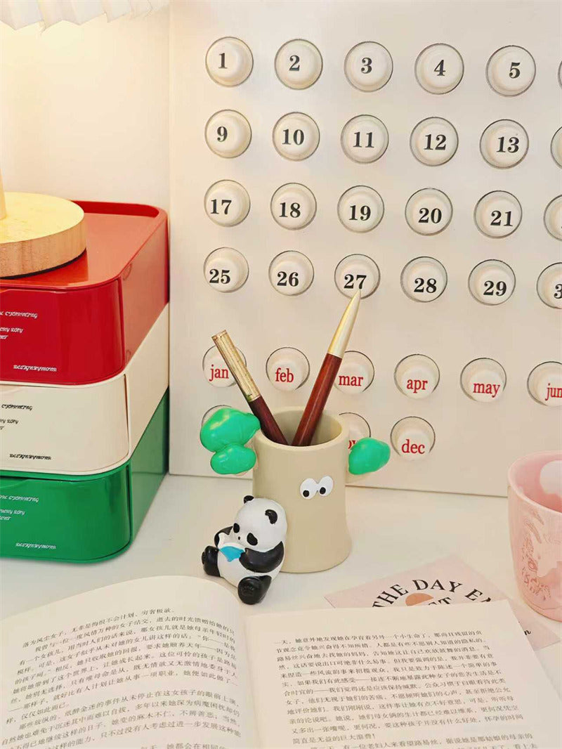 Kawaii Panda and Tree Trunk Pen Holder - Whimsical Desk Organizer Ceramic Pencil Cup - Cute Office Stationery Storage & Makeup Brush Holder Gift
