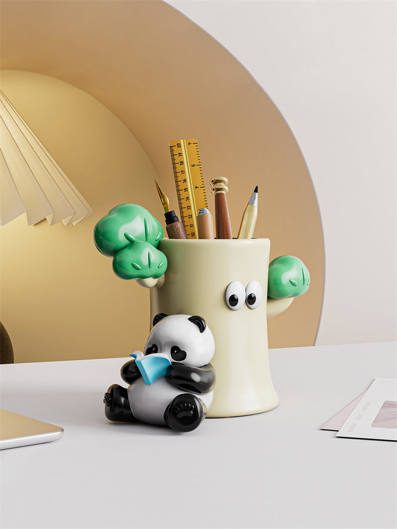Kawaii Panda and Tree Trunk Pen Holder - Whimsical Desk Organizer Ceramic Pencil Cup - Cute Office Stationery Storage & Makeup Brush Holder Gift