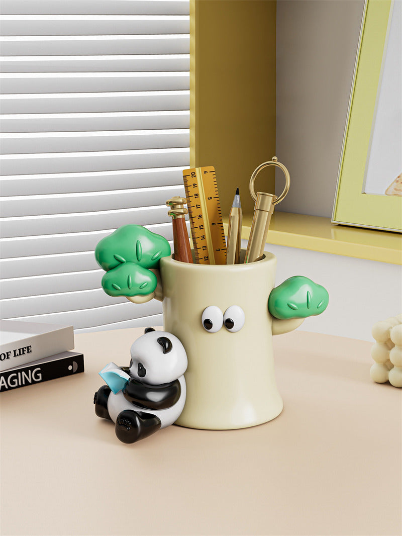 Kawaii Panda and Tree Trunk Pen Holder - Whimsical Desk Organizer Ceramic Pencil Cup - Cute Office Stationery Storage & Makeup Brush Holder Gift
