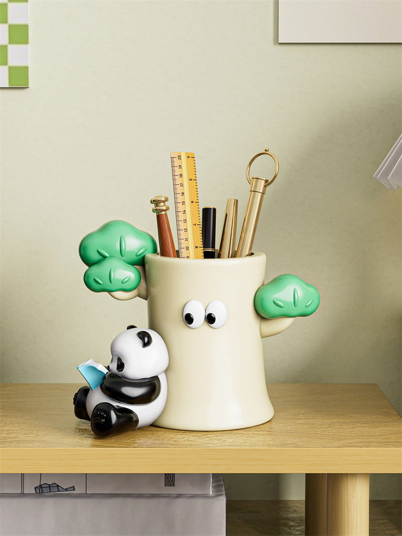 Kawaii Panda and Tree Trunk Pen Holder - Whimsical Desk Organizer Ceramic Pencil Cup - Cute Office Stationery Storage & Makeup Brush Holder Gift