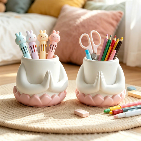 Kawaii Praying Desktop Pen Holder – Whimsical Lotus Base Desk Organizer Pencil Cup – Cute Aesthetic Stationery & Makeup Brush Holder Gift
