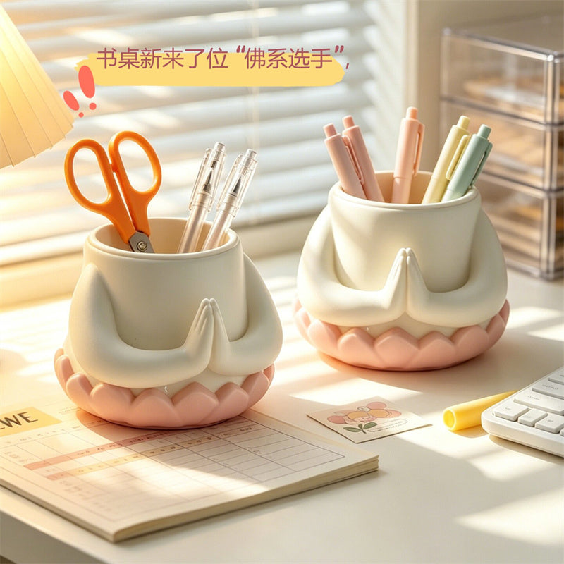 Kawaii Praying Desktop Pen Holder – Whimsical Lotus Base Desk Organizer Pencil Cup – Cute Aesthetic Stationery & Makeup Brush Holder Gift