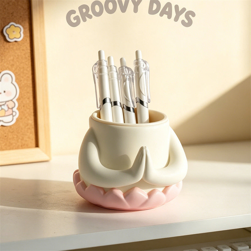 Kawaii Praying Desktop Pen Holder – Whimsical Lotus Base Desk Organizer Pencil Cup – Cute Aesthetic Stationery & Makeup Brush Holder Gift