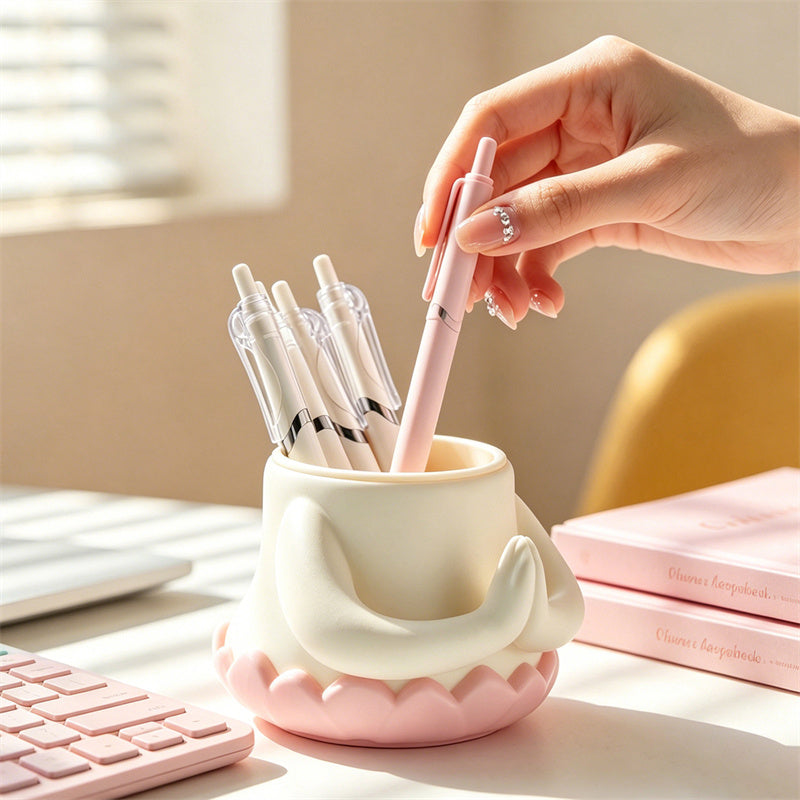 Kawaii Praying Desktop Pen Holder – Whimsical Lotus Base Desk Organizer Pencil Cup – Cute Aesthetic Stationery & Makeup Brush Holder Gift