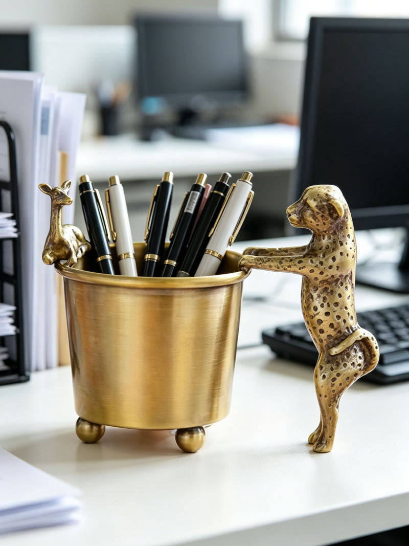 Luxury Brass Pen Holder & Tea Spoon Storage Bucket,Unique Office Kitchen Decoration And Organization