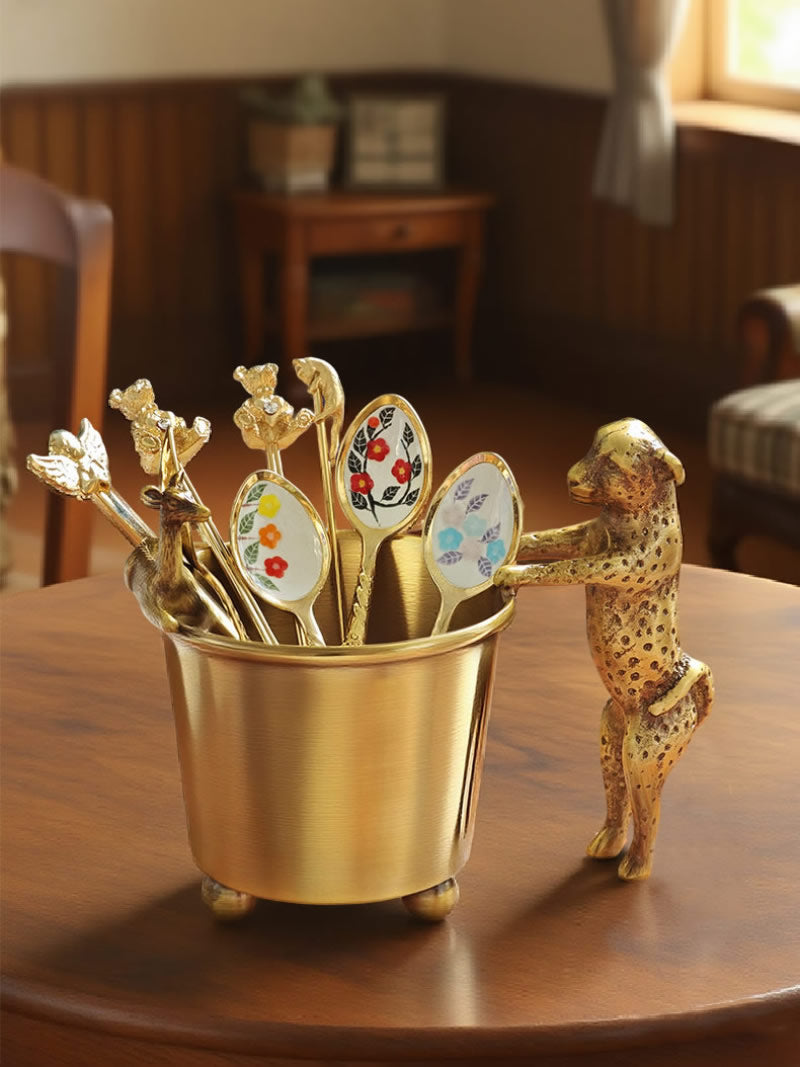Luxury Brass Pen Holder & Tea Spoon Storage Bucket,Unique Office Kitchen Decoration And Organization