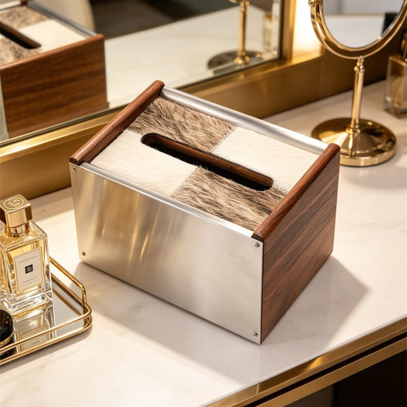 Luxury Tissue Box Cover, Horse Hair Inlay Wood & Stainless Steel Rectangular Napkin Holder, Modern Decorative Tissue Box for Bathroom Vanity Living Room Hotel