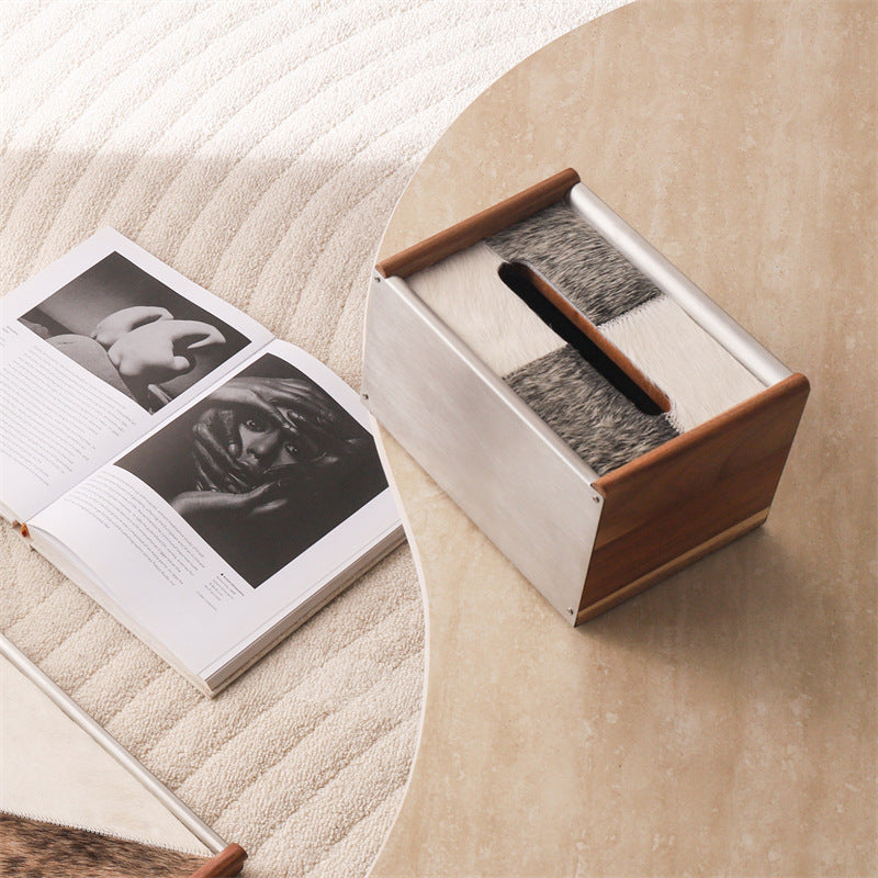 Luxury Tissue Box Cover, Horse Hair Inlay Wood & Stainless Steel Rectangular Napkin Holder, Modern Decorative Tissue Box for Bathroom Vanity Living Room Hotel