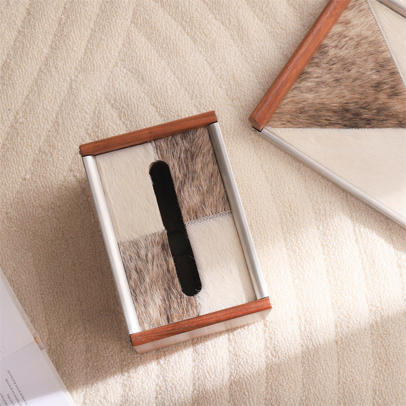 Luxury Tissue Box Cover, Horse Hair Inlay Wood & Stainless Steel Rectangular Napkin Holder, Modern Decorative Tissue Box for Bathroom Vanity Living Room Hotel