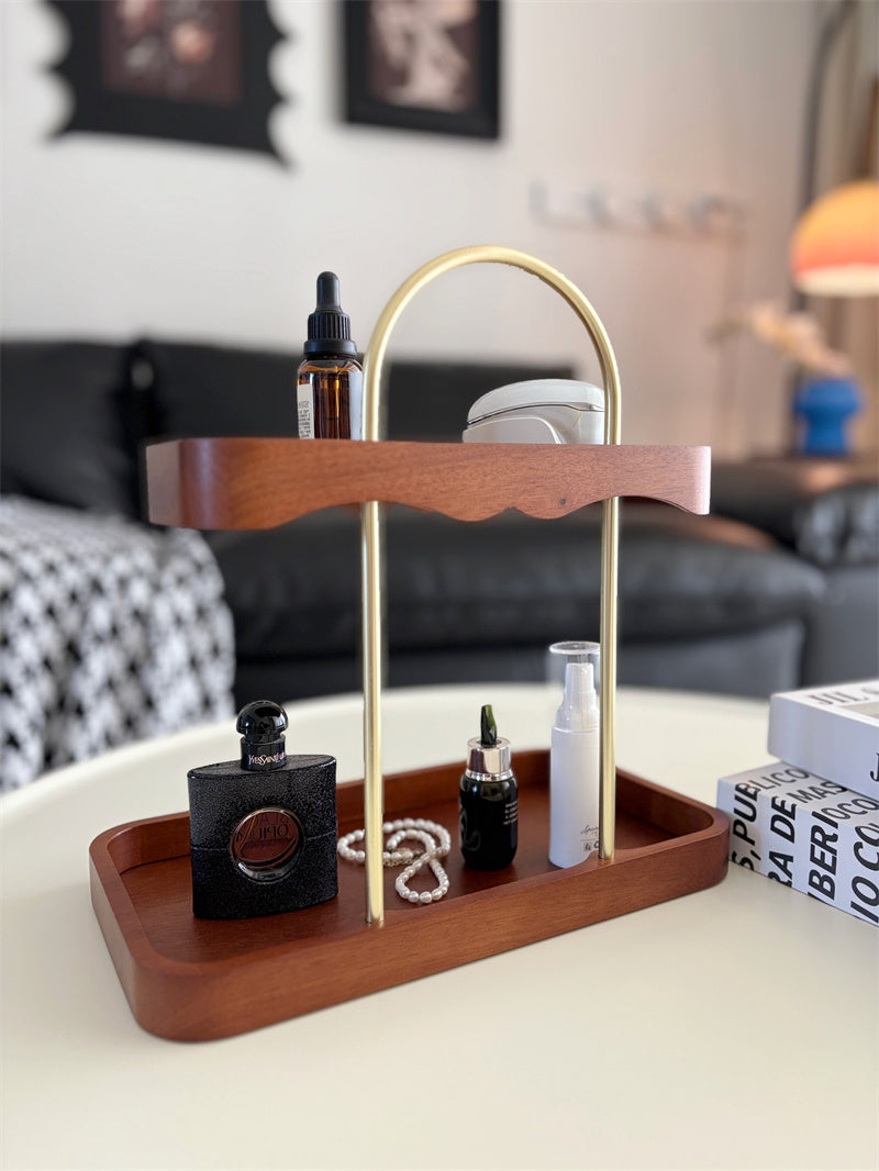 Luxury Two-Tier Vanity Organizer - Wood & Brass Beauty Storage Tray