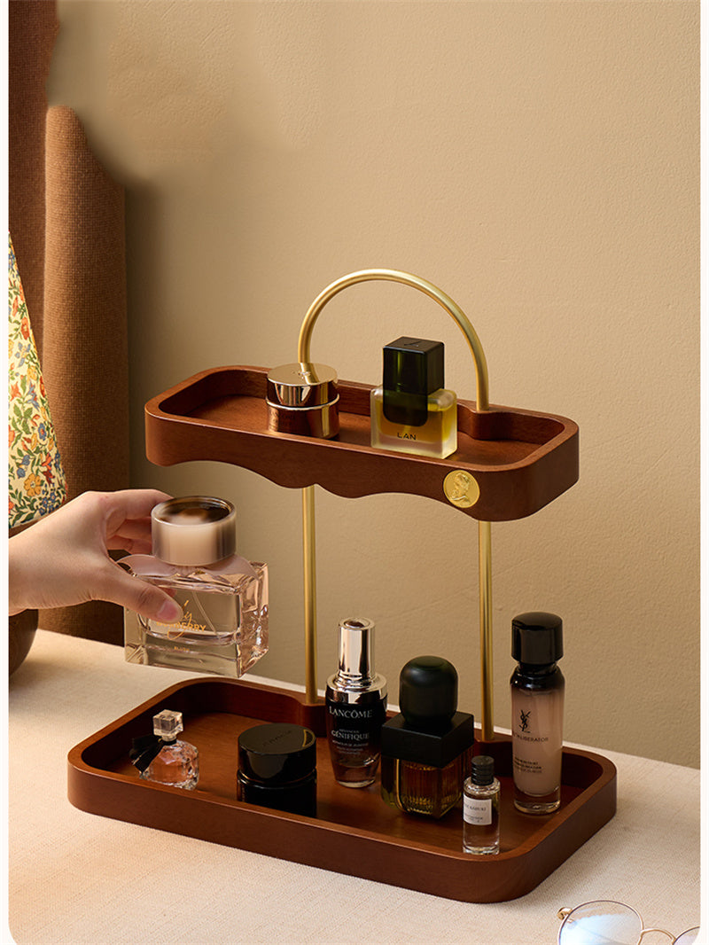Luxury Two-Tier Vanity Organizer - Wood & Brass Beauty Storage Tray