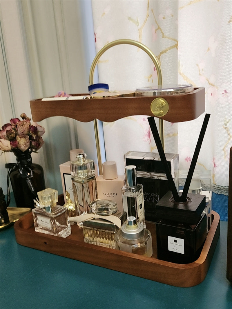 Luxury Two-Tier Vanity Organizer - Wood & Brass Beauty Storage Tray
