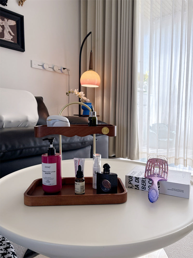 Luxury Two-Tier Vanity Organizer - Wood & Brass Beauty Storage Tray