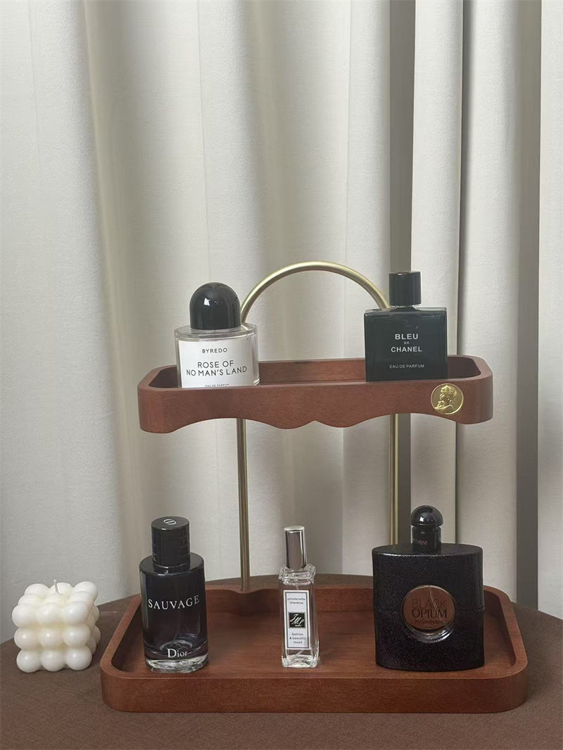 Luxury Two-Tier Vanity Organizer - Wood & Brass Beauty Storage Tray