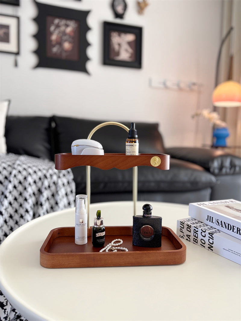 Luxury Two-Tier Vanity Organizer - Wood & Brass Beauty Storage Tray